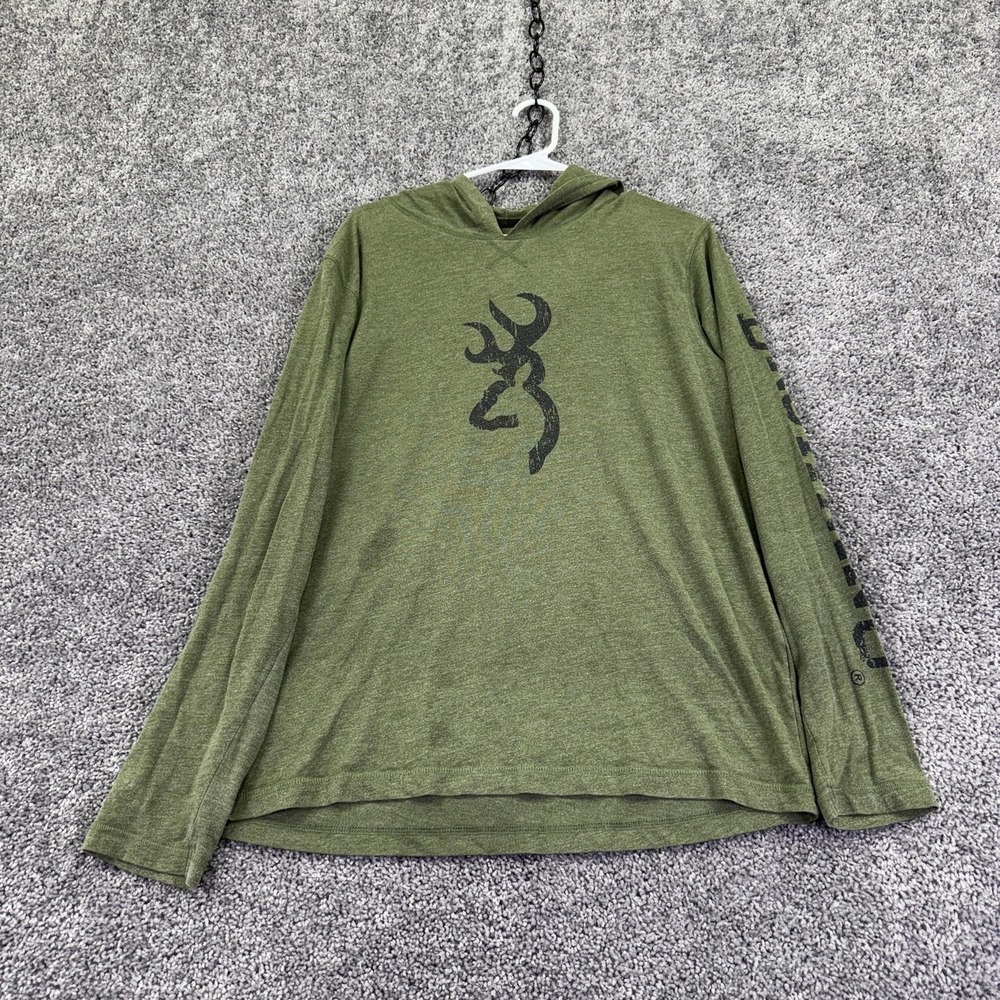 Browning Shirt Mens Large Green Hooded Long Sleeve Deer Logo Hunting Graphic Tee